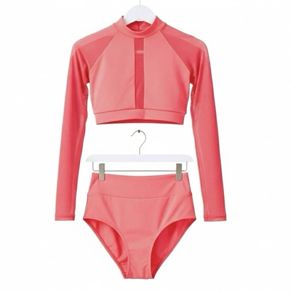 BalTogs High-Waist Mesh Crop Top and Briefs Set Coral Salmon Dance‎ Dancewear